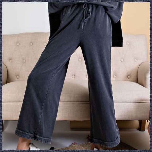 EASEL "So Comfy" Mineral Washed Pants Cotton Terry Side Leg Detail Elastic Waist - Picture 15 of 16